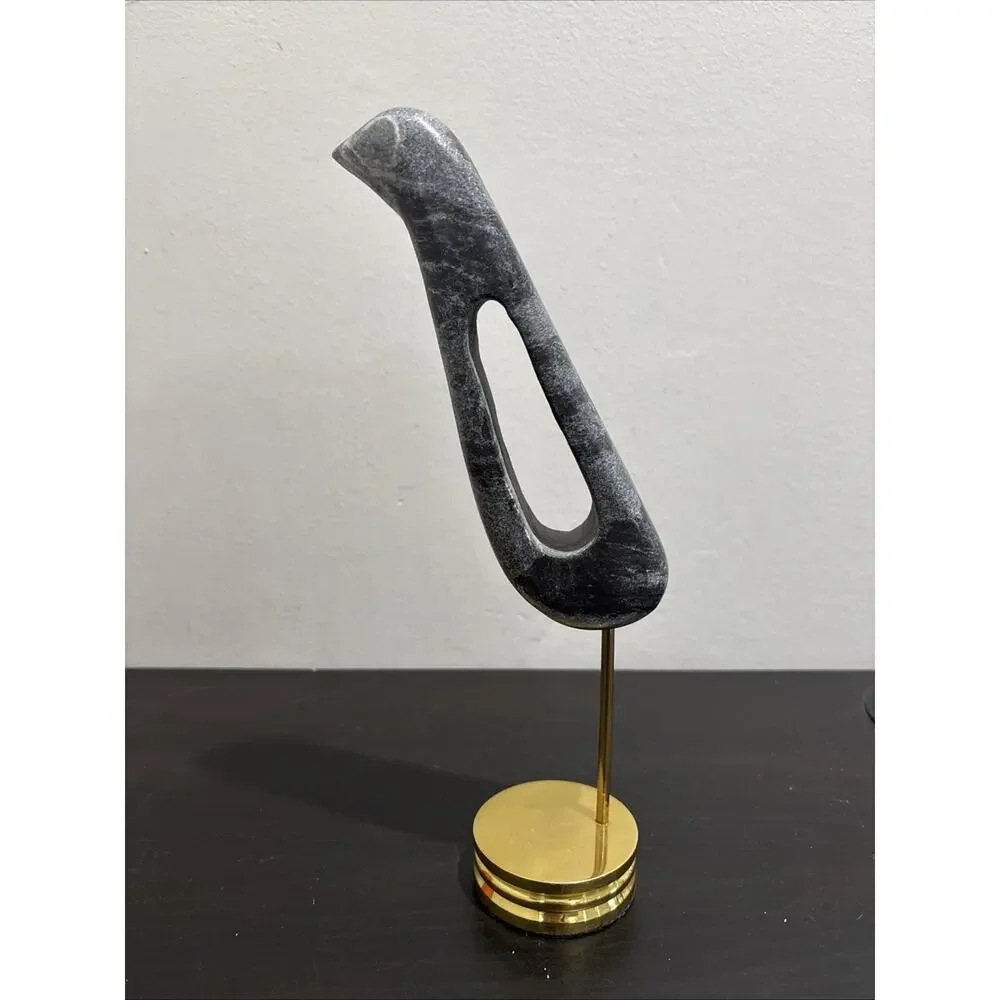West Elm Mid Century Modern MCM Marble Bird Sculpture On Brass Stand 11” Black